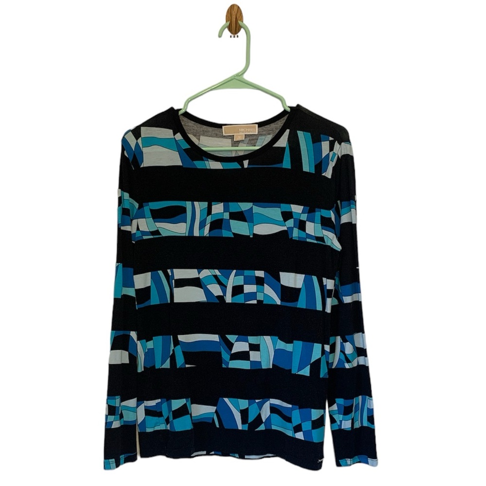 Michael Kors long sleeve blue/black geometric patterned t shirt size M